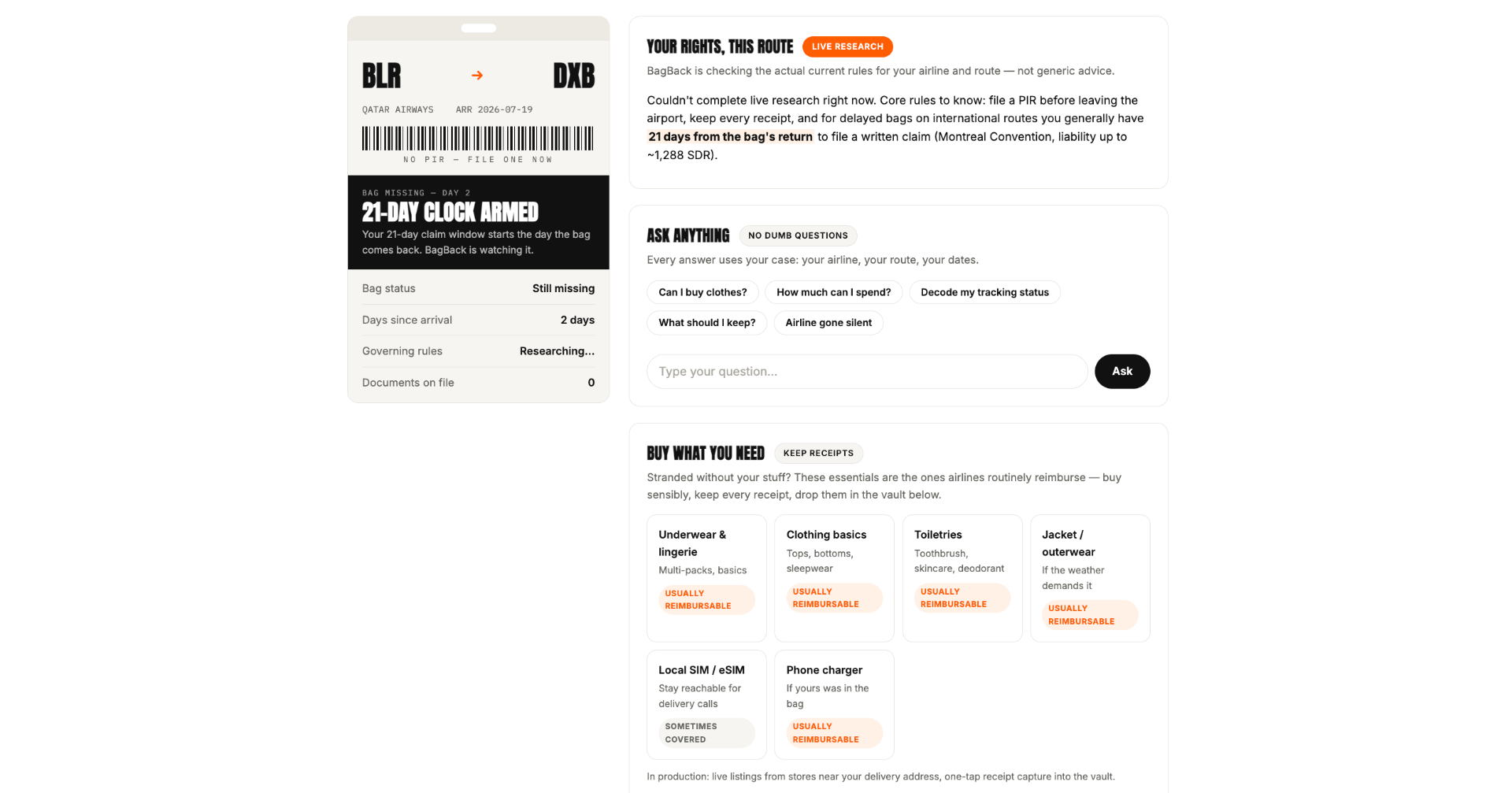 The live case file: deadline clock armed, rights researched for the exact route, every answer tied to your case.