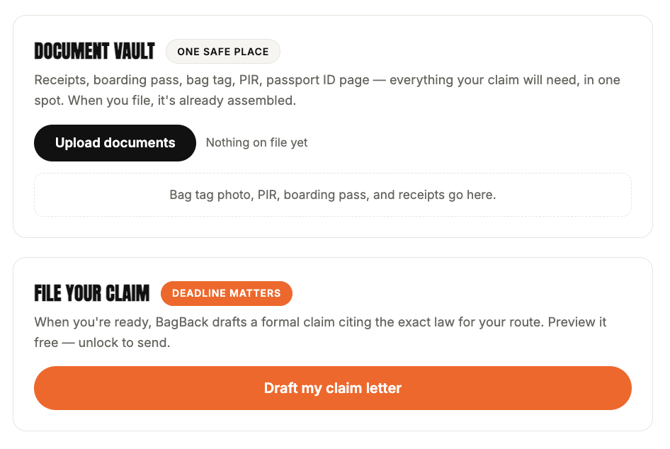 Document vault: receipts, PIR, boarding pass — everything the claim needs, pre-assembled.